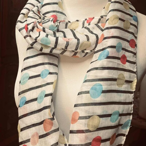 🎨 Modern Striped Scarf with Colorful Dots – Playful & Chic - Picture 1 of 12